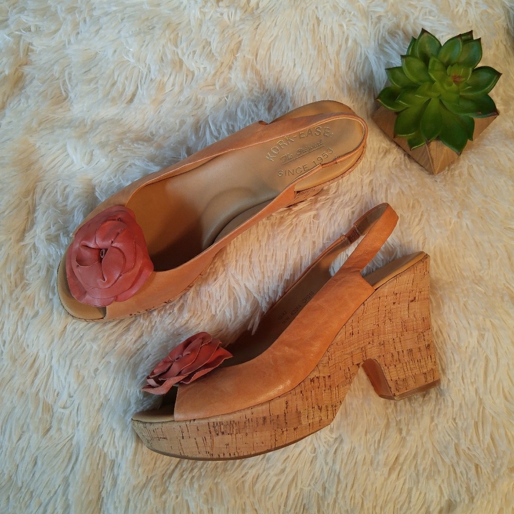 Kork-Ease Leather Flower Sling Back Platform Heels